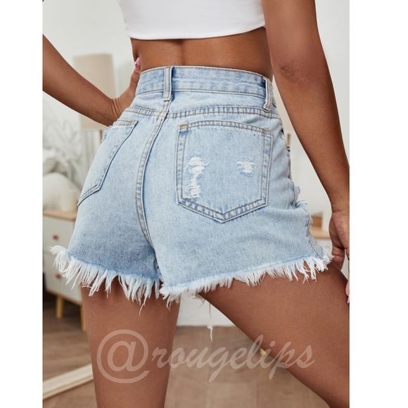 Light Wash Blue Denim Shorts Distressed Ripped High Waist Raw Hem - Picture 2 of 10